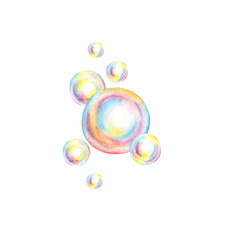Soap bubbles of different sizes watercolor illustration. Soap suds, summer games, bath time, carnival, bubble party. Ideal for art projects, children's books, greeting cards