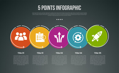 5 points or step process infographic with big circle joined venn connection on horizontal direction with modern dark style for slide presentation