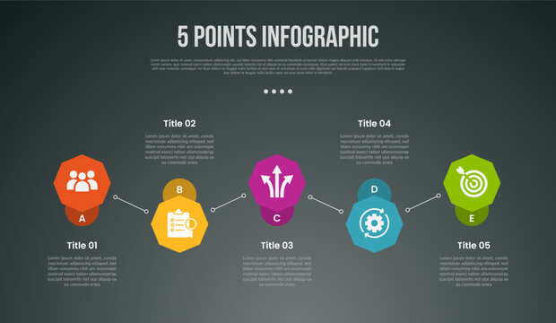 5 points or step process infographic with octagon shape and chained link up and down on horizontal direction with modern dark style for slide presentation
