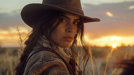 A close-up image features a cowgirl in a jacket and cowboy hat, glancing sideways during the golden hour.