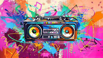 Retro boom box tape recorder decorated with vibrant graffiti arrows and musical notes