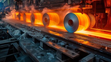 The image showcases steel coils being produced by a hot steel rolling process at an industrial plant