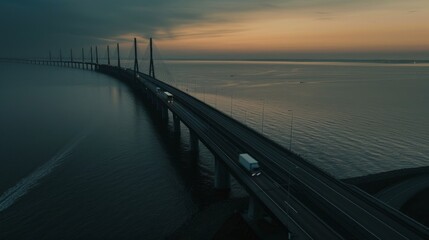 Fototapeta premium Aerial view of the Channel Bridge, as cars cross at sunset