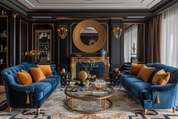 Art Deco Living Room A glamorous living room with velvet furniture, gold accents, and bold geometric patterns. Include a glass coffee table and an ornate mirror above the fireplace.