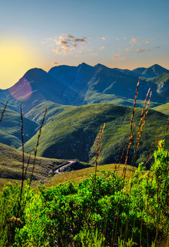 Outeniqua Mountains and 4x4 Winding Road during sunset, George, Garden route, South Africa