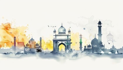 Telangana Landmarks Silhouettes in Watercolor