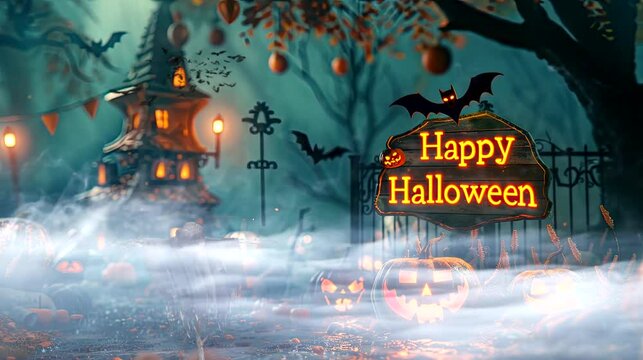 Halloween Home decorations with two Bat and Halloween tree and Pumpkin in the night. Seamless looping time-lapse virtual 4k video animation background