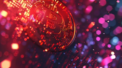 Bitcoin logo on a abstract digital background. Financial hi-tech theme background. 3d graphic wih bokeh and neon lights