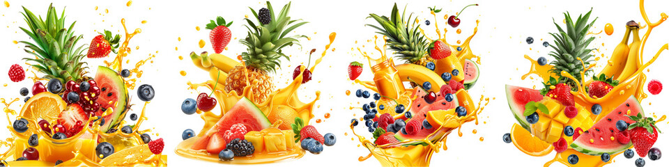Fresh mix fruits with juice splashes isolated on transparent background