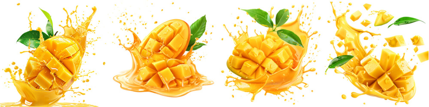 Fresh mango with juice splashes isolated on transparent background