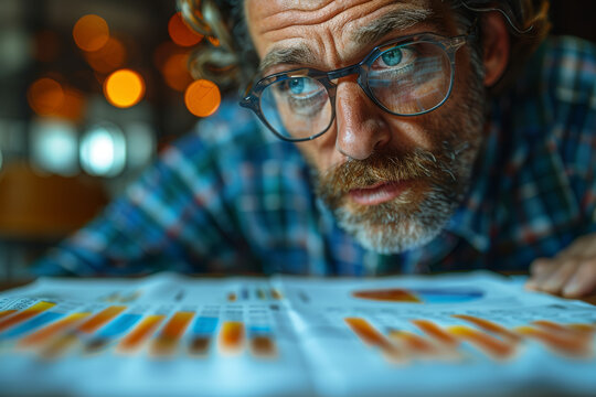 Businessman looking worried while checking decreasing numbers on a financial report. Concept of economic hardship and uncertainty. Generative Ai.