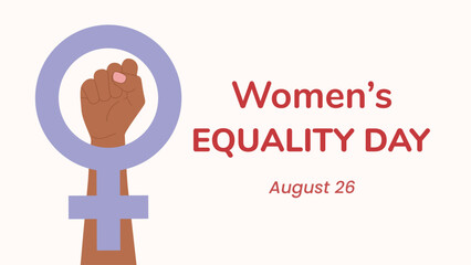 Banner, postcard with a symbol of feminism, a clenched fist raised up by women.  Mirror of Venus. National Women's Equality Day, USA. Flat vector illustration EPS10