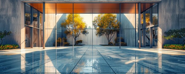 Fototapeta premium A modern architectural entrance featuring a large glass facade with reflective surfaces, surrounded by trees and plants in a beautifully landscaped courtyard