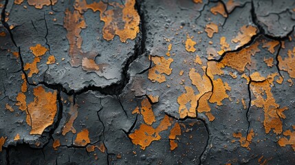 Close-up detailed texture of a rusted and cracked painted surface, showing an abstract pattern of orange and black colors, indicative of the passage of time and material degradation
