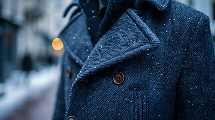 Close-up image of a person wearing a stylish dark blue woolen overcoat with snowflakes on it, standing on a snowy city street, emphasizing winter fashion and urban lifestyle