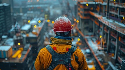 Fototapeta premium Construction worker wearing a red hard hat and yellow jacket overlooking a busy construction site with cranes and scaffolding, during a snowfall