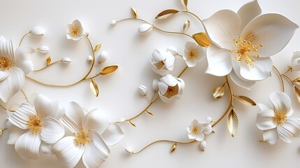 Stunning white flowers with golden leaves create a luxurious 3D floral backdrop.