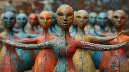 Obraz premium A group of intricately designed, colorful, humanoid statues with detailed textures and patterns standing together in a captivating and artistic arrangement