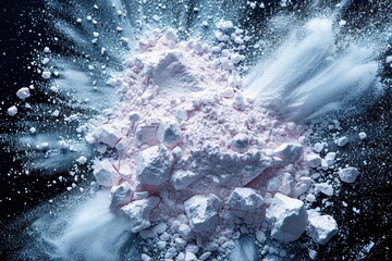 Obraz premium Close-up image of a heap of white and pink powder material scattered and bursting on a reflective black surface with dramatic lighting effects