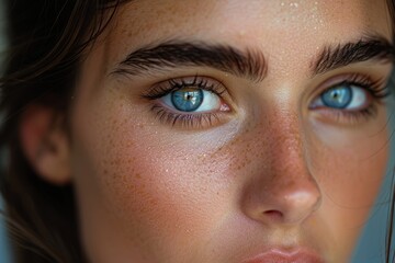 Fototapeta premium A close-up portrait of a person with striking blue eyes, showcasing detailed skin texture, freckles, and artistry in lighting techniques for a captivating visual impact