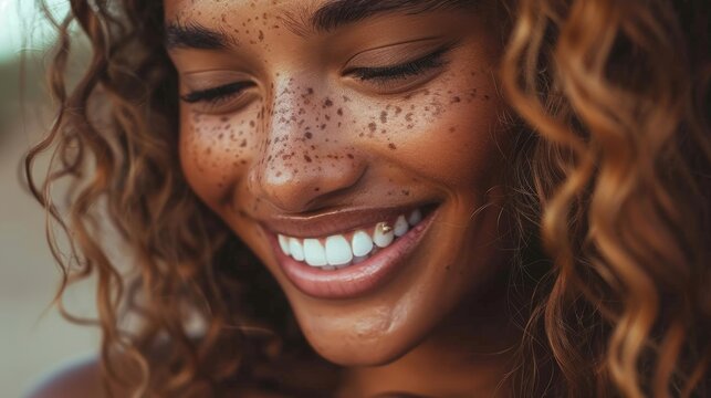 A close-up image of a woman with curly hair and freckles smiling warmly, displaying a unique tooth gem with the background softly blurred, emphasizing her joyful expression
