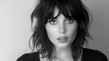 A close-up black and white portrait of a young woman with shoulder-length dark hair and bangs, looking directly at the camera with a neutral expression