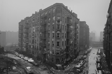 An evocative black and white photograph capturing the stark urban landscape with old, deteriorating apartment buildings, parked cars, and littered streets on a foggy day