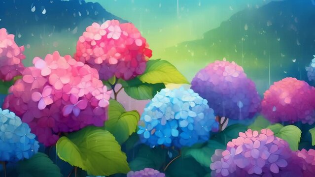 Vibrant hydrangeas in full bloom during the rainy season, showcasing an array of pink, blue, and purple hues. The lush green leaves and raindrops add to the serene and refreshing atmosphere.