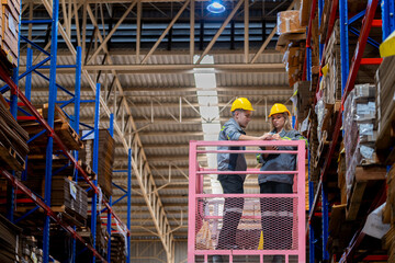 workers man and woman using a hydraulic scissor lift to check stock near the shelves warehouse....