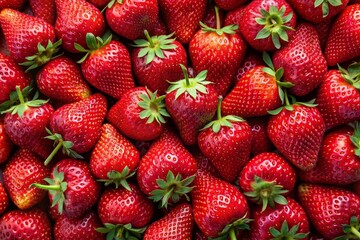 Red background of ripe strawberries. Close up, top view.