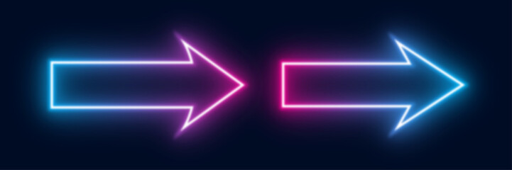 neon arrow icon with blue and violet bright light on dark background. two arrows sign vector for element of ilustration design 