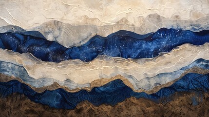 Abstract blue and gold mountains painting for interior design