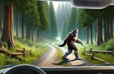 Bigfoot Crossing Road Viewed from Car Dashboard Illustration