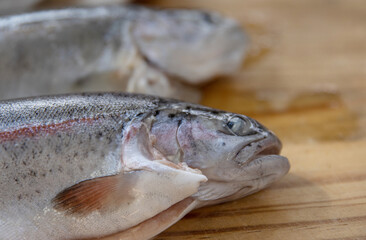 Carving three raw fresh trouts on the old wooden cutting board. Cooking whole freshwater rainbow forel fish. Oncorhynchus mykiss on the chopping plate. Wood background. Close up. Copy space. Top view