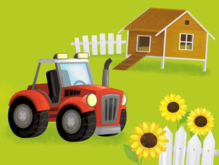 cartoon summer scene with farm ranch enclosure backyard garden and happy animals barn chicken coop or pigsty with car vehicle tractor illustration for children