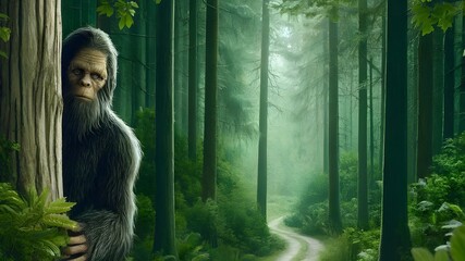 Bigfoot Hiding Behind a Tree in the Forest Illustration