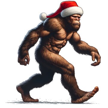 Bigfoot Wearing a Christmas Santa Hat and Walking Illustration