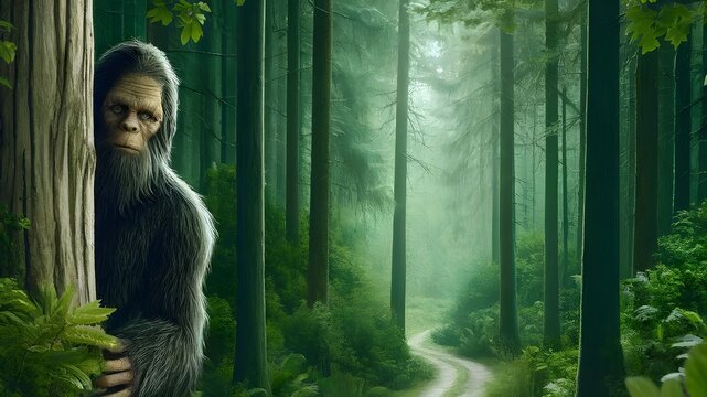 Bigfoot Hiding Behind a Tree in the Forest Illustration