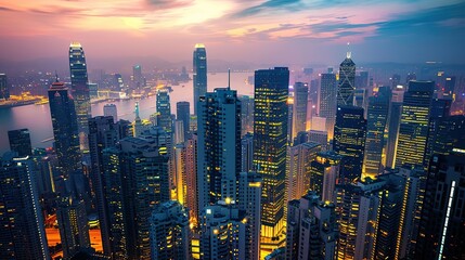 A city skyline at dusk the buildings illuminated by a blend of natural and artificial light representing the blending of real and manufactured environments