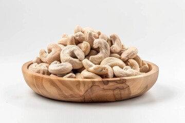 Fototapeta premium Cashew Nuts in Wooden Bowl: A close-up view of creamy, appetizing cashew nuts elegantly arranged in a simple, rustic wooden bowl. evoking images of health and nature