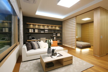 3d interior illustration of a modern, neatly decorated living room and bed room