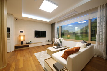 3d interior illustration of a modern, neatly decorated living room with furniture