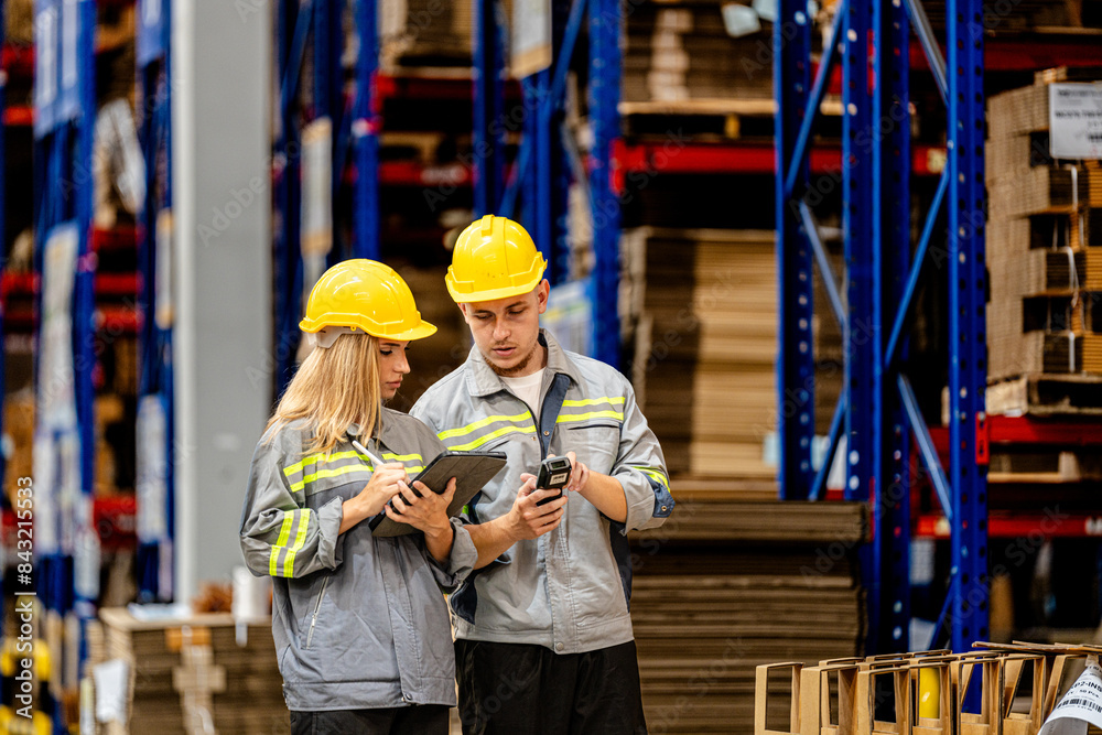 Wall mural man and woman worker walking and checking stock for shipping. female inspecting the store factory. l