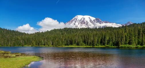Reflection Lake with Mt Rainier in the background. Sunny summer day.