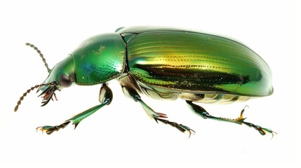 Fototapeta premium Shiny green beetle with a metallic exoskeleton poses on a white backdrop