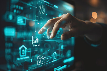 Fototapeta premium Hand interacting with digital interface for futuristic technology and innovation. High-tech interface illustrating modern advancements.
