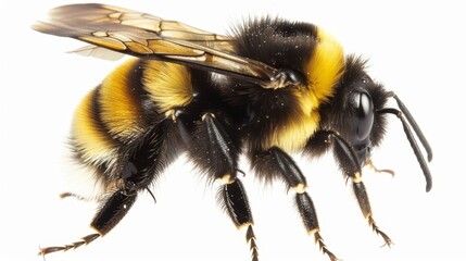 Big bumblebee with bold black and yellow stripes perched on a white surface, with its wings outstretched