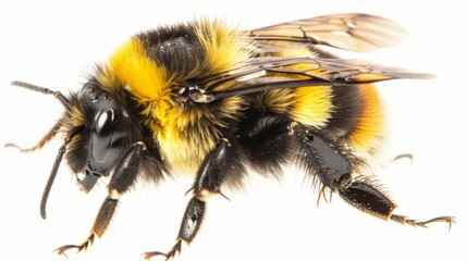 Large bumblebee is standing on a white background showing its stinger, legs, wings, and antennae