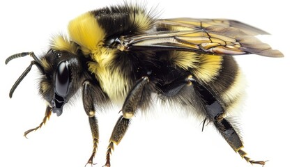 Bumblebee with spread wings on white background, showcasing intricate details. Vibrant colors contrast beautifully, highlighting furry body and delicate wings