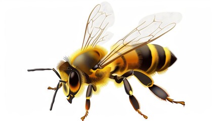 Close-up illustration of a honey bee in flight, with spread wings, against a white backdrop